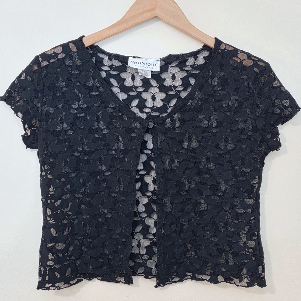Vintage Y2K Younique‎ Floral Lace Crop Top Sz S Sheer Black 90s Alt Fairy Grunge